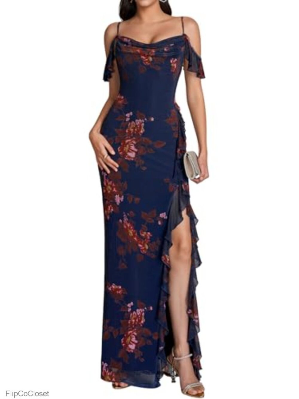 Floral Ruffle High Slit Maxi Dress Bodycon Off Shoulder Sleeveless
